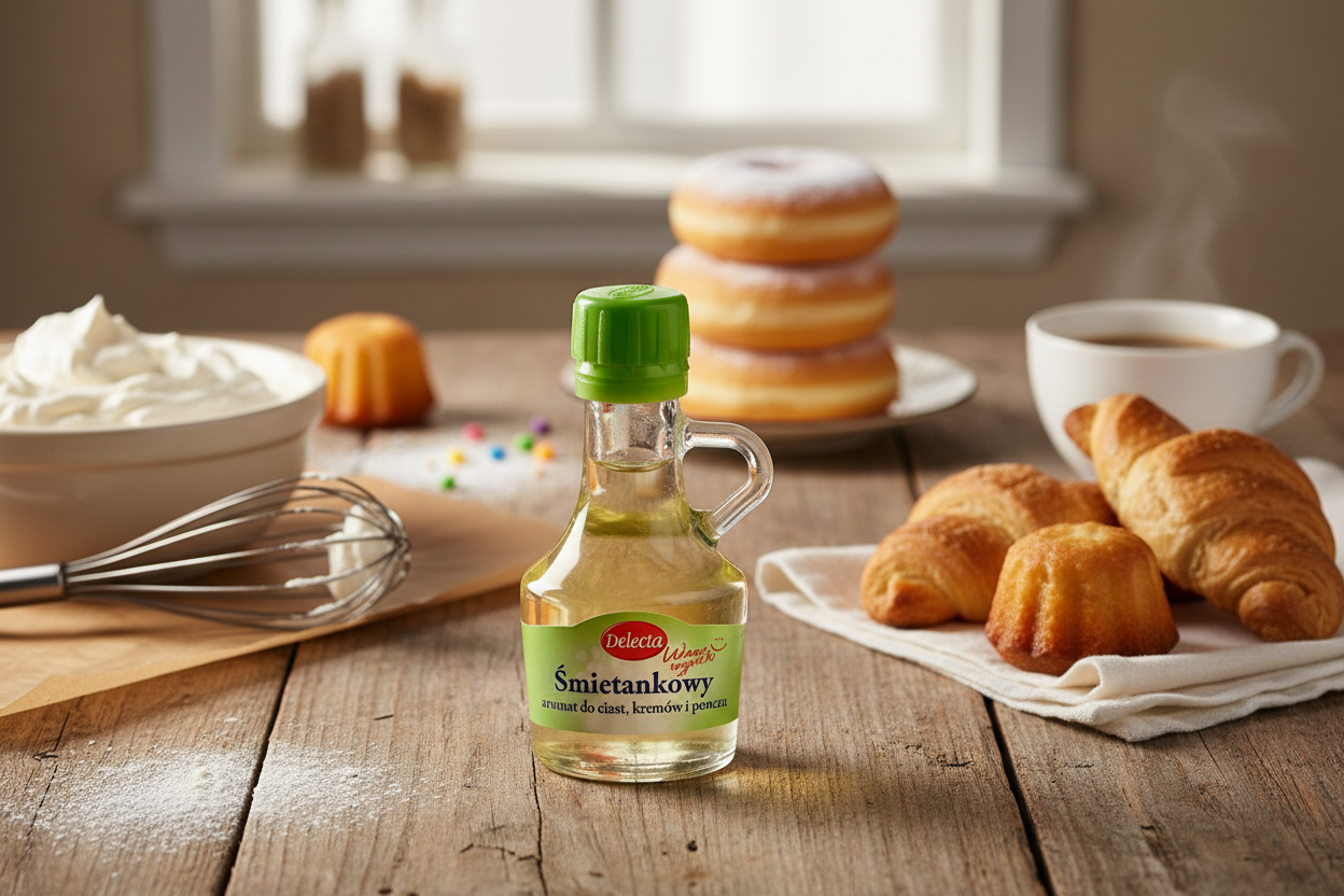 Delecta Aromat Śmietankowy bottle on a rustic kitchen table with cream and pastries