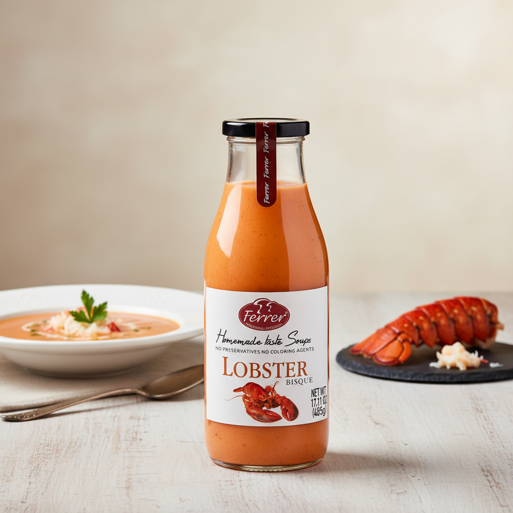 Ferrer Lobster Bisque bottle with premium background