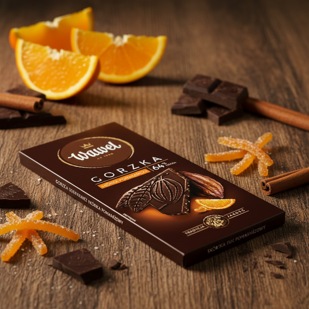 Wawel dark chocolate orange peel bar with fresh oranges and candied peel on rustic wood