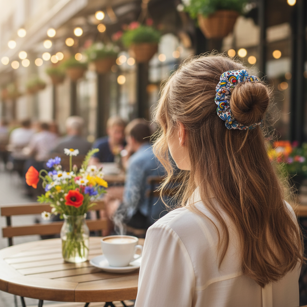Folkstar Kashubian folk scrunchie worn in a bun at an outdoor cafe