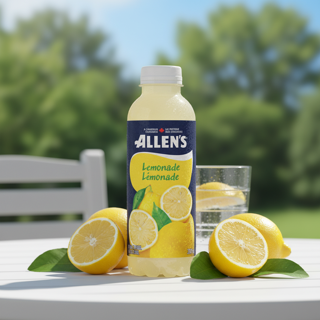 Allen's Lemonade bottle on white outdoor table with fresh lemons and condensation