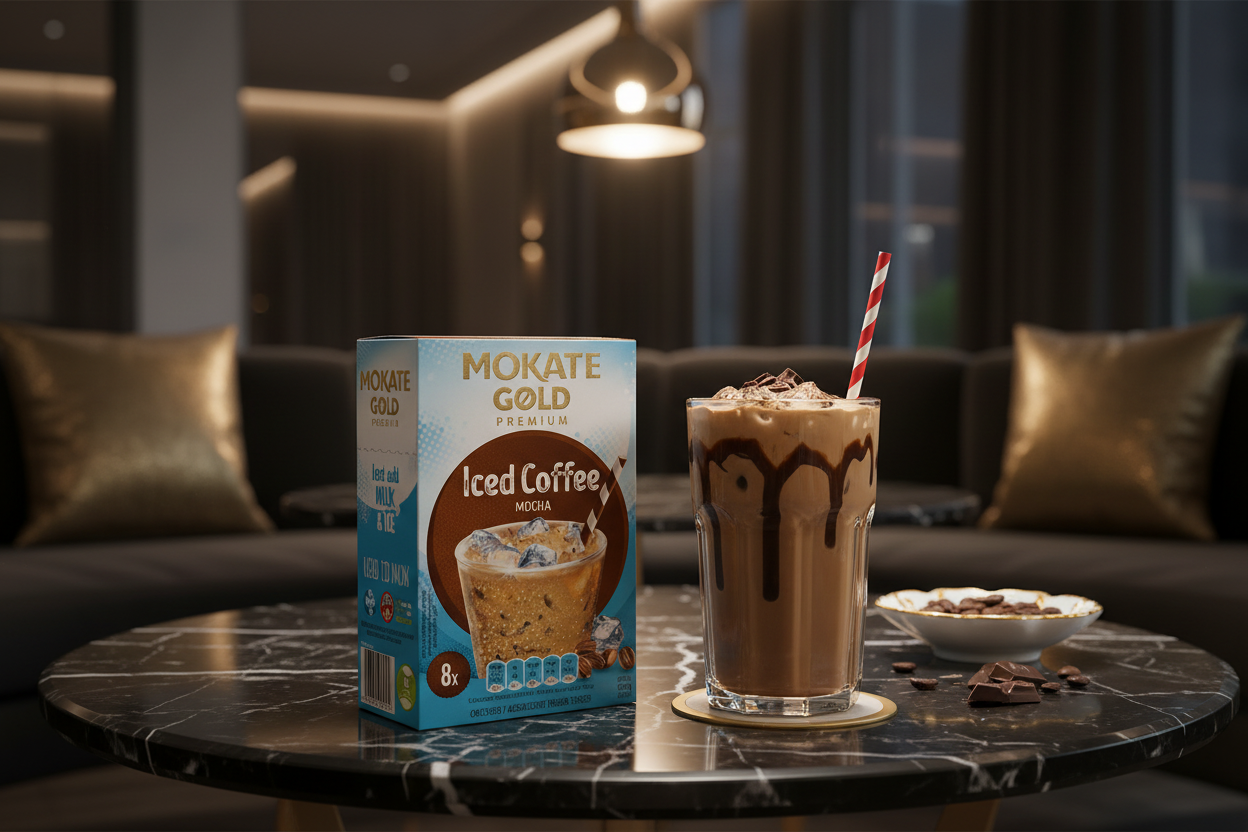 Mokate Gold Premium Iced Coffee Mocha on a dark marble table with gold accents and ambient evening lighting