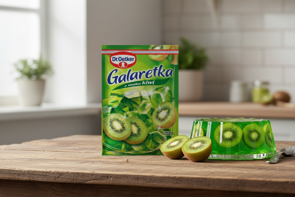 Dr. Oetker kiwi jelly packet beside a vibrant green kiwi jelly dessert with fresh kiwi slices