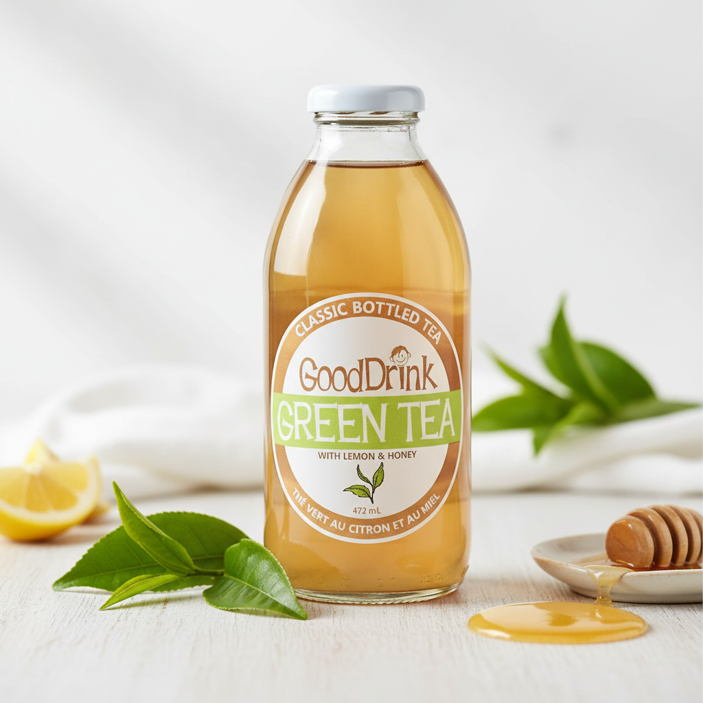 Good Drink Green Tea Lemon & Honey bottle with premium background