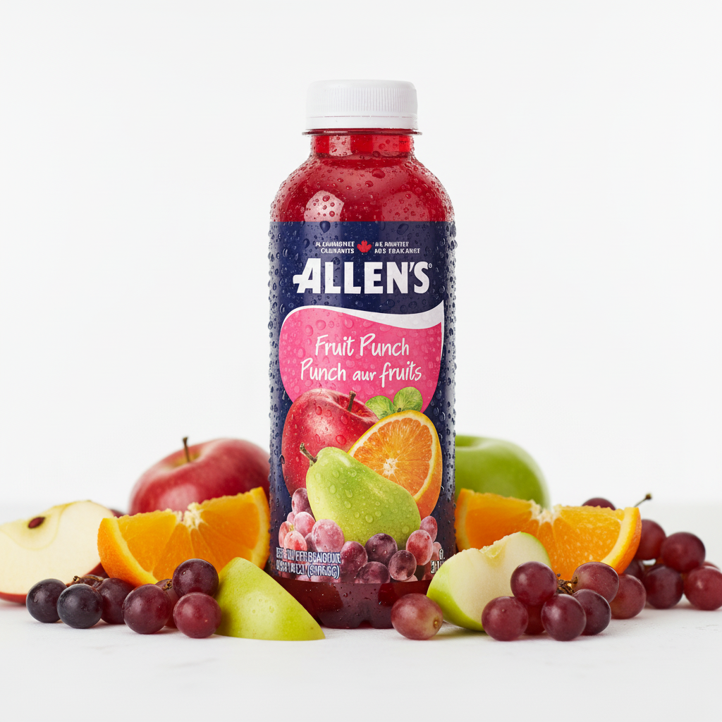Allen's Fruit Punch bottle on white surface with fresh apple slices, orange wedges and grapes
