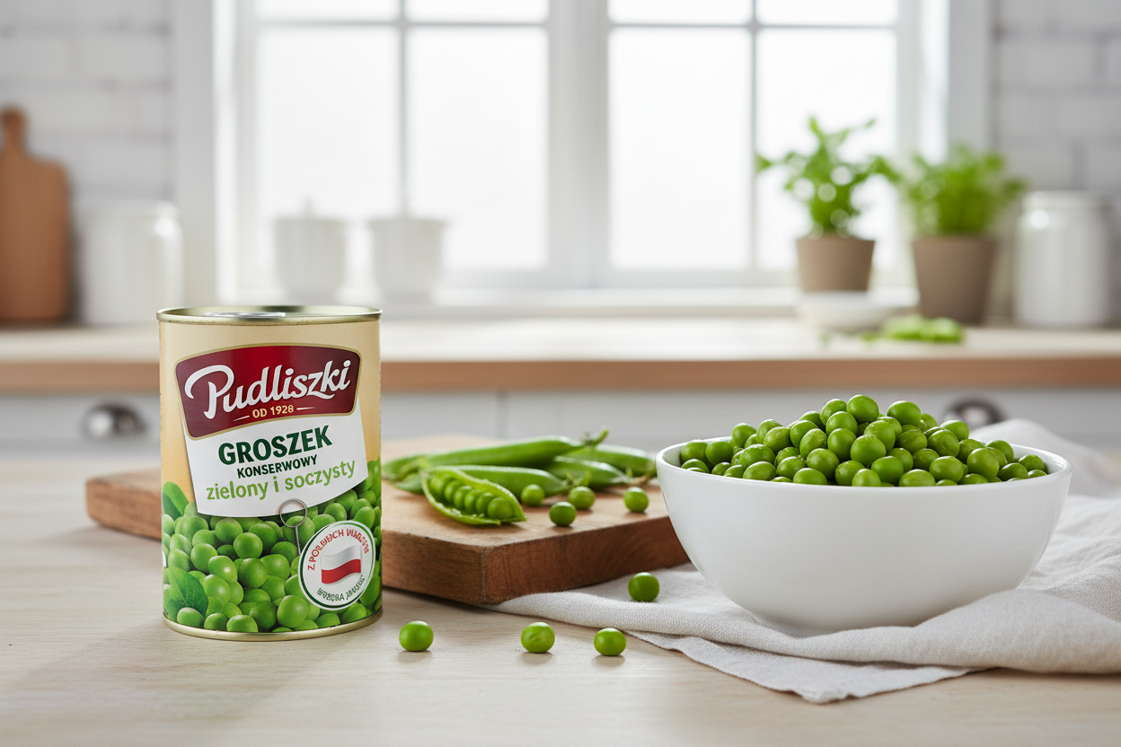 Pudliszki canned green peas tin beside a bowl of vibrant green peas and fresh pea pods on a spring kitchen table