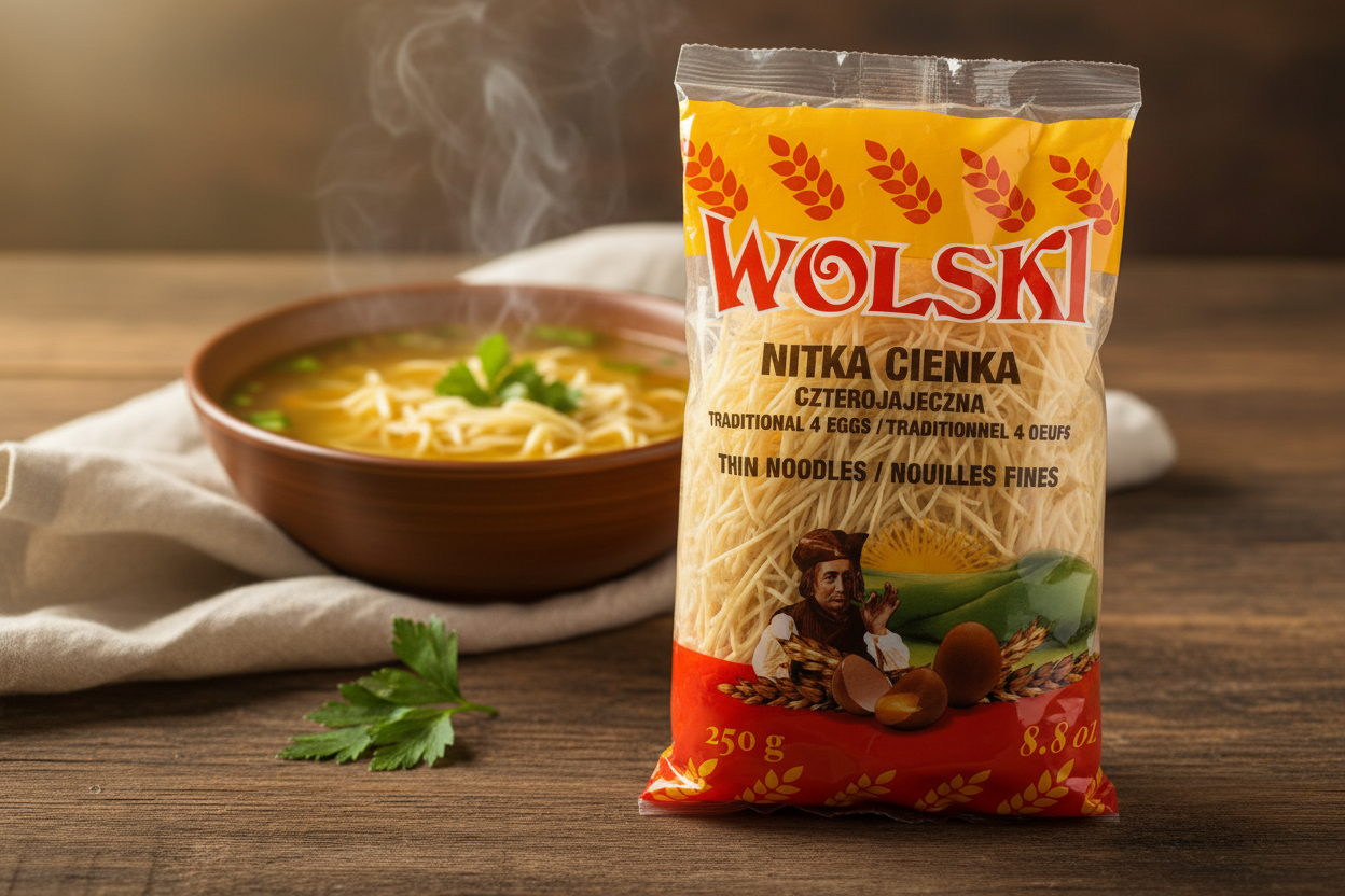 Wolski Nitka Cienka Polish thin noodles bag on a rustic wooden table with steaming bowl of golden Polish rosół chicken broth soup with delicate thin egg noodles and fresh flat-leaf parsley garnish in warm amber natural light