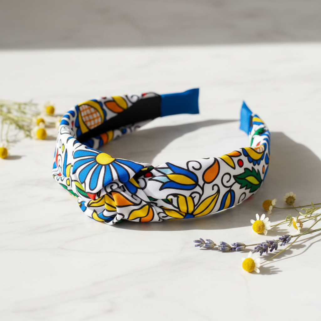Folkstar Kashubian folk headband on marble surface with dried wildflowers