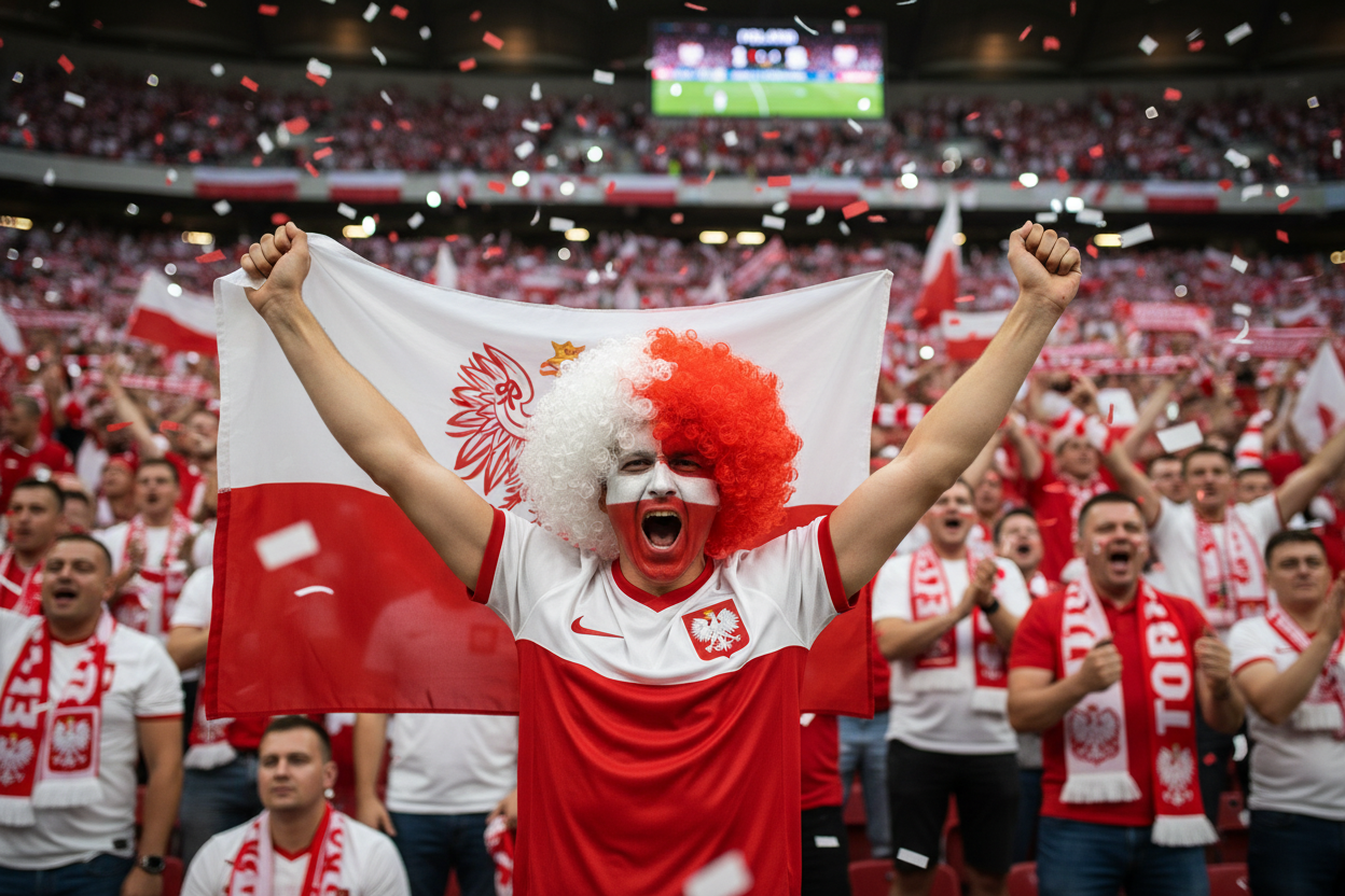 Person wearing red and white afro wig at a Polish football match cheering for Poland