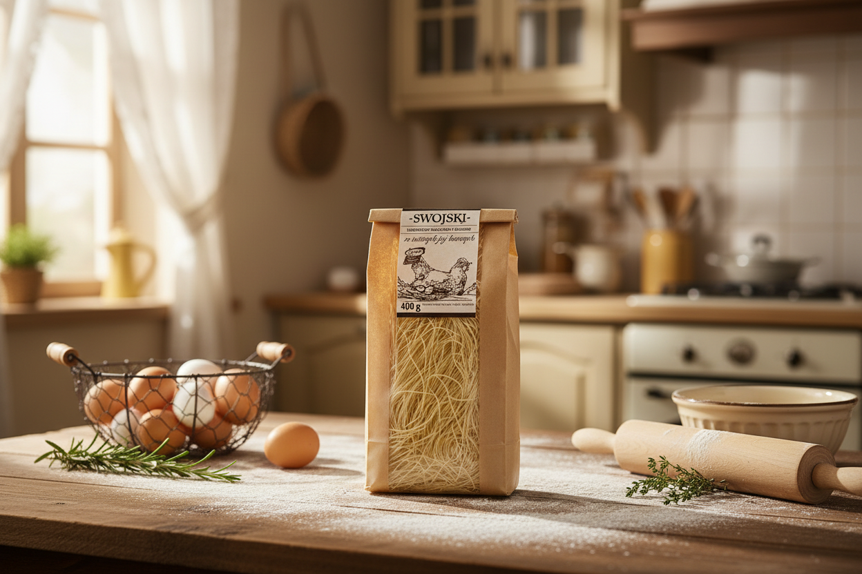 Swojski Egg Noodles on rustic farmhouse table with fresh eggs