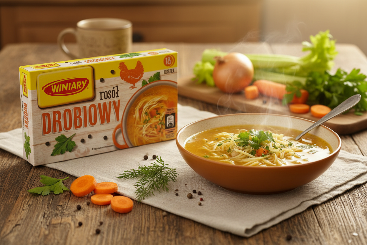 Winiary poultry broth bouillon box on a wooden table with a steaming bowl of golden poultry broth with thin egg noodles fresh parsley and black pepper