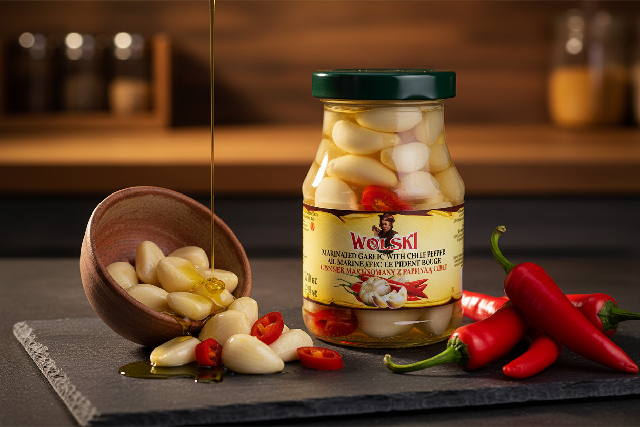 Wolski marinated garlic with chili peppers jar on a dark slate surface with fresh chilies and olive oil drizzle