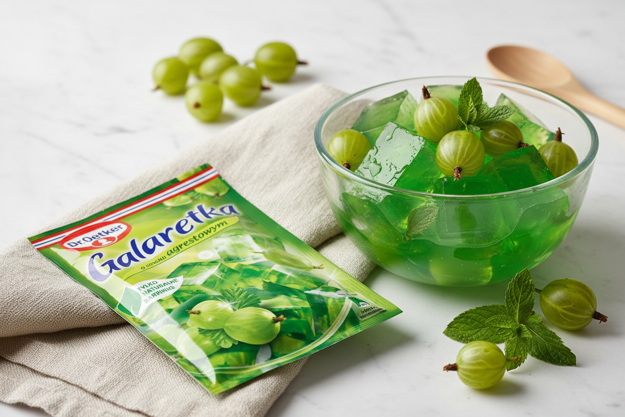 Dr. Oetker gooseberry jelly packet beside a set pale green gooseberry jelly in a glass bowl with fresh green gooseberries and mint leaves