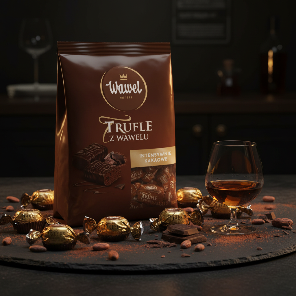 Wawel Trufle 1kg bag on dark slate with scattered truffles, cocoa powder and cognac
