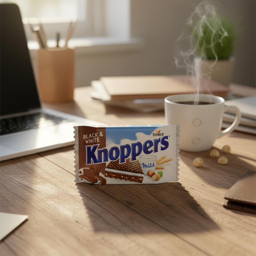 Knoppers Black & White Wafer Snack with realistic home office background