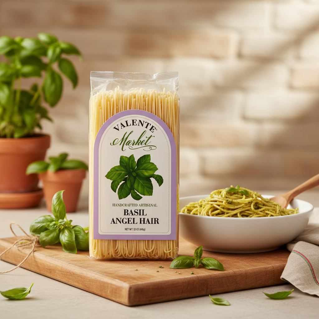 Valente Market Basil Angel Hair Pasta package with premium background