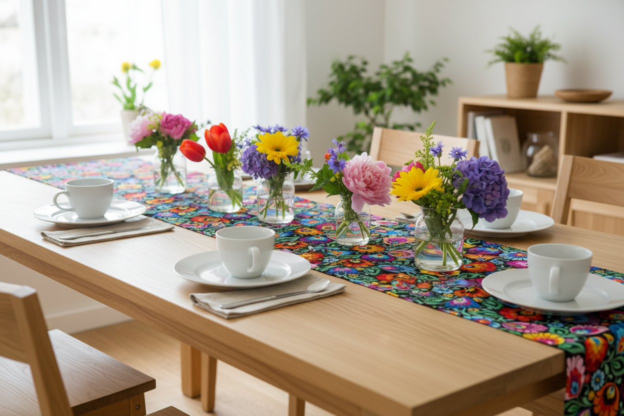 Folkstar Łowicz black folk table runner styled on a natural wooden dining table with white ceramic plates