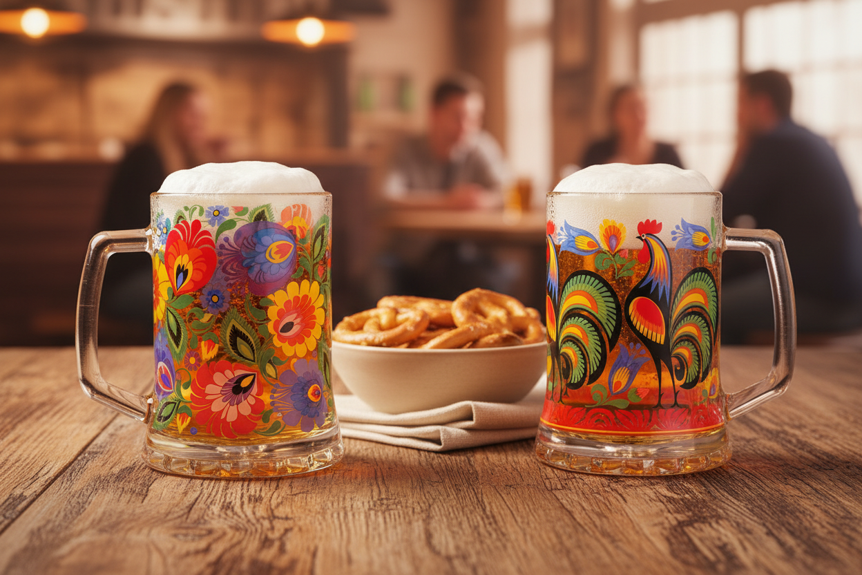 Two Folkstar folk floral and rooster beer mugs filled with golden beer on a rustic wooden table with pretzels