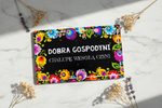 Folkstar Dobra Gospodyni metal sign flat lay on marble surface with dried wildflowers