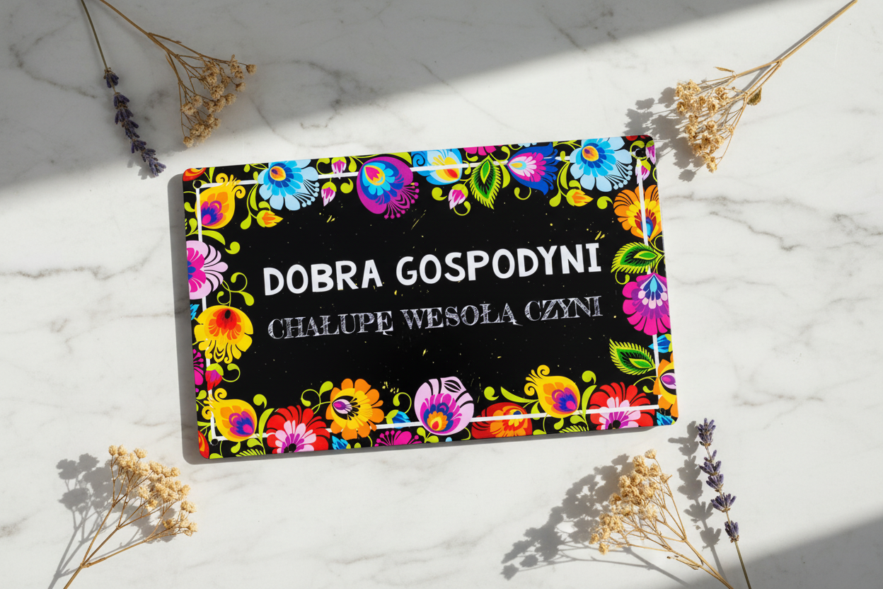 Folkstar Dobra Gospodyni metal sign flat lay on marble surface with dried wildflowers