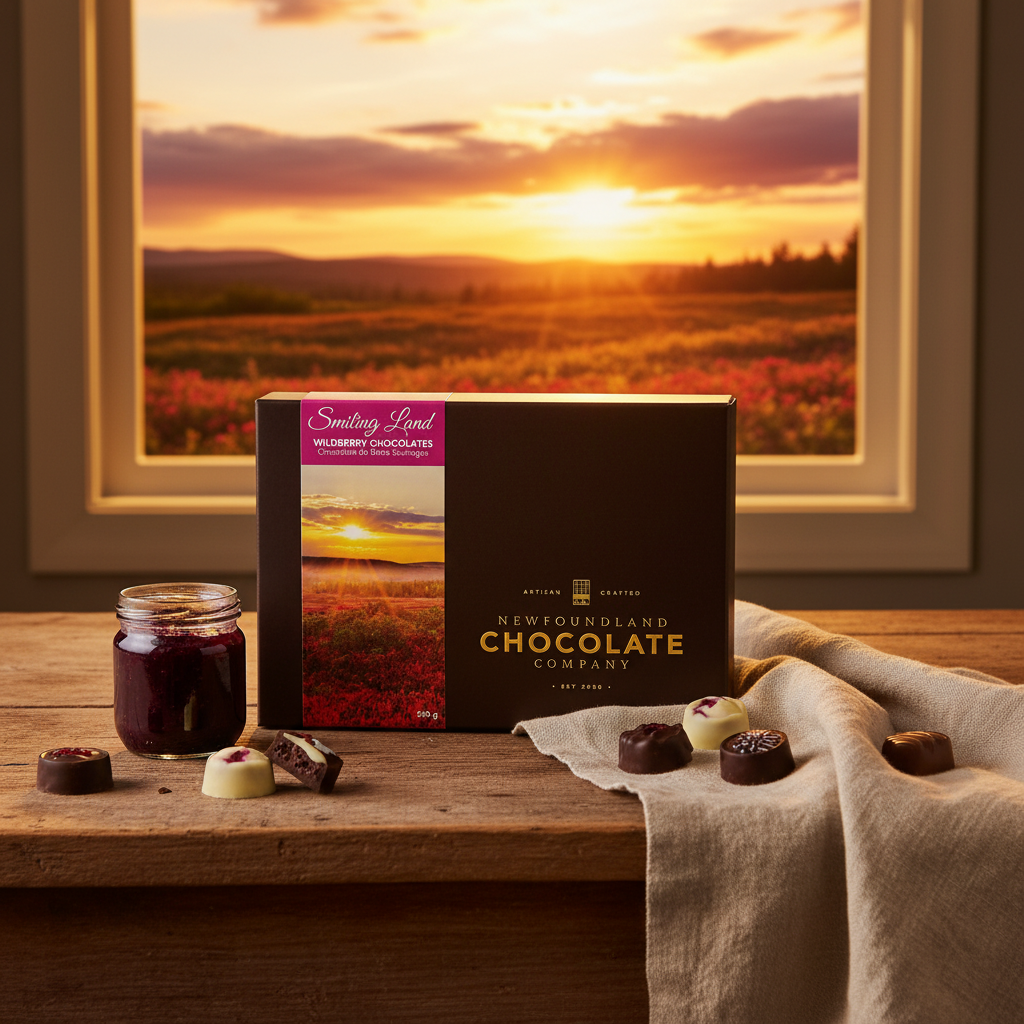 Smiling Land Wildberry Chocolates box by Newfoundland Chocolate Company in a cozy breakfast nook