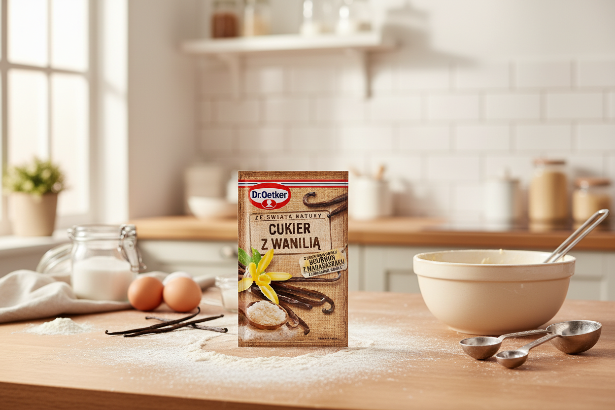 Dr. Oetker Vanilla Sugar on baking table with vanilla pods and flour