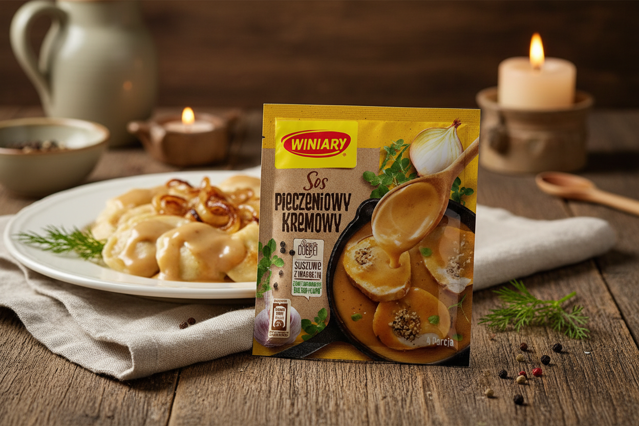 Winiary creamy roast gravy packet on a wooden table with pierogi ruskie on a white plate with rich creamy roast gravy poured over them and fresh dill and caramelised onion alongside
