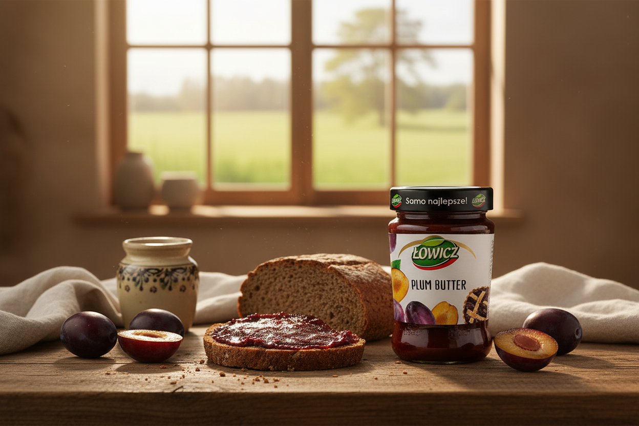 Łowicz plum butter spread on rye bread on a rustic Polish farmhouse breakfast table