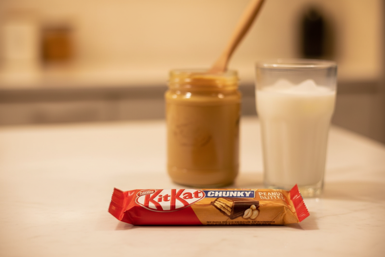 KitKat Chunky Peanut Butter chocolate bar with peanut butter jar