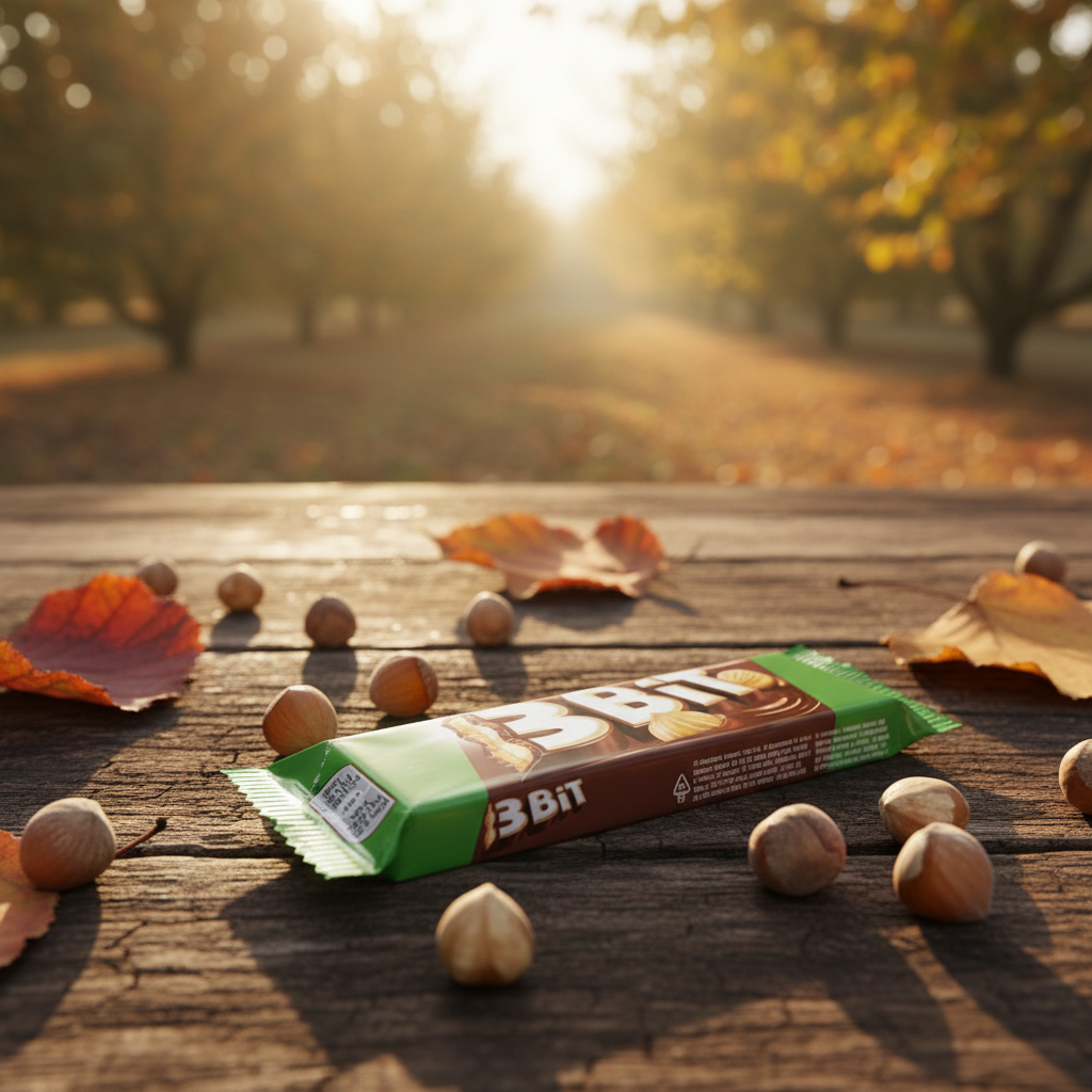 3 Bit Hazelnut Chocolate Bar with realistic autumn harvest background