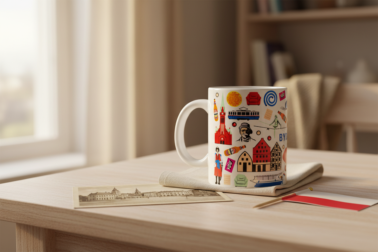 Folkstar Bydgoszcz city mug lifestyle shot on wooden table with vintage postcard and Polish flag