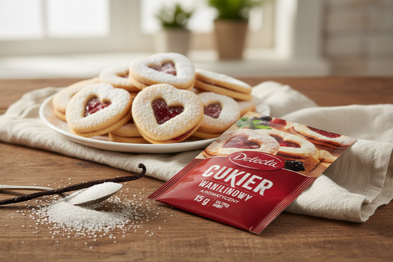 Delecta vanilla sugar packet on a wooden table with heart-shaped vanilla cookies dusted with powdered sugar and a vanilla pod