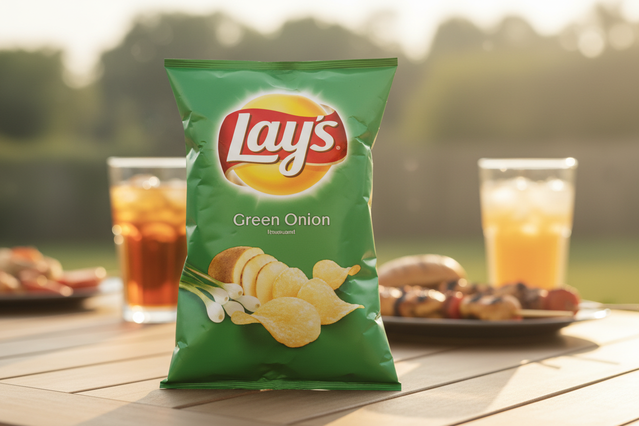 Lay's Green Onion chips on outdoor patio table with grilled food
