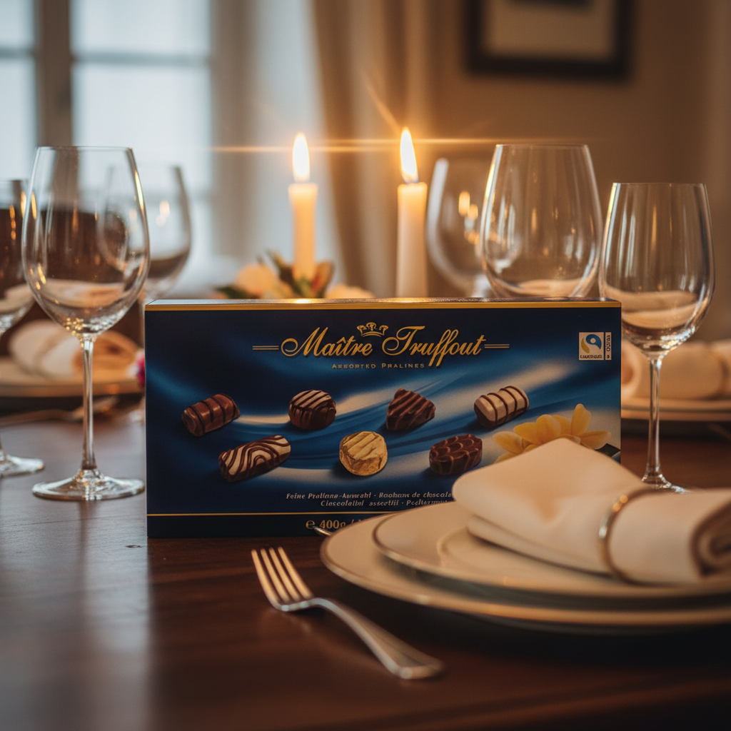 Maitre Truffout Assorted Pralines Blue Box with realistic elegant dinner table background
