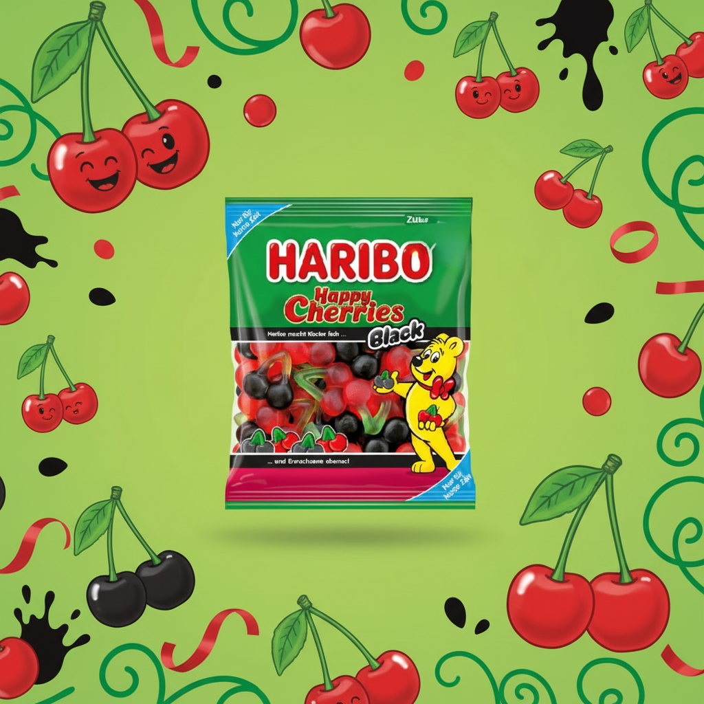 Haribo Happy Cherries Black with vibrant background