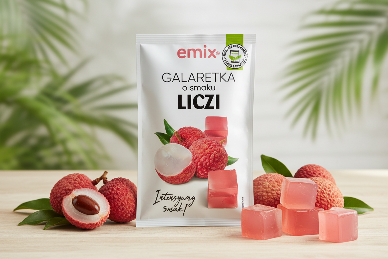 Emix lychee jelly packet on a wooden surface with fresh lychee fruits and pink jelly cubes