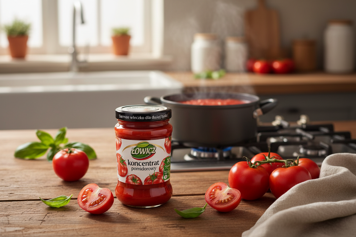 Łowicz tomato paste jar on a kitchen table with fresh tomatoes, basil and a bubbling sauce pot