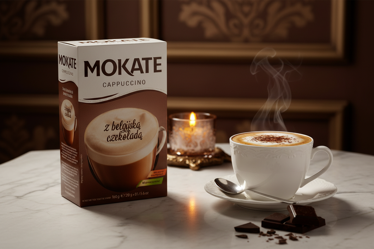 Mokate Cappuccino Belgian Chocolate on an elegant marble countertop with dark chocolate squares and candlelight