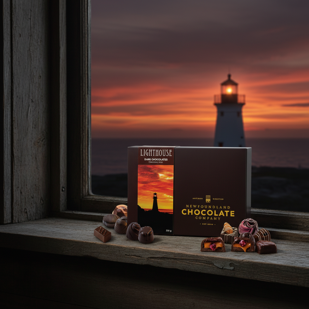 Lighthouse Dark Chocolates box by Newfoundland Chocolate Company on a coastal cottage windowsill at dusk