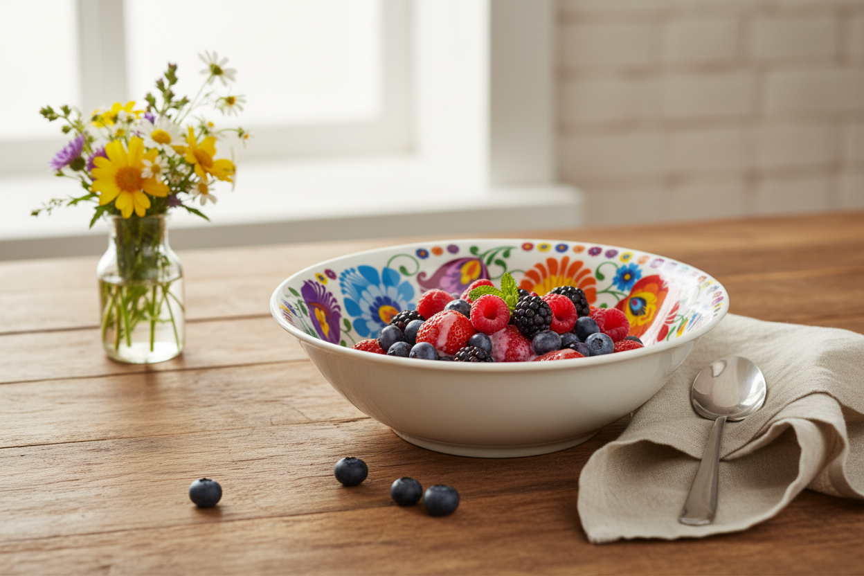 Folkstar Łowicz folk floral medium bowl filled with fresh fruit on a wooden kitchen table with wildflowers