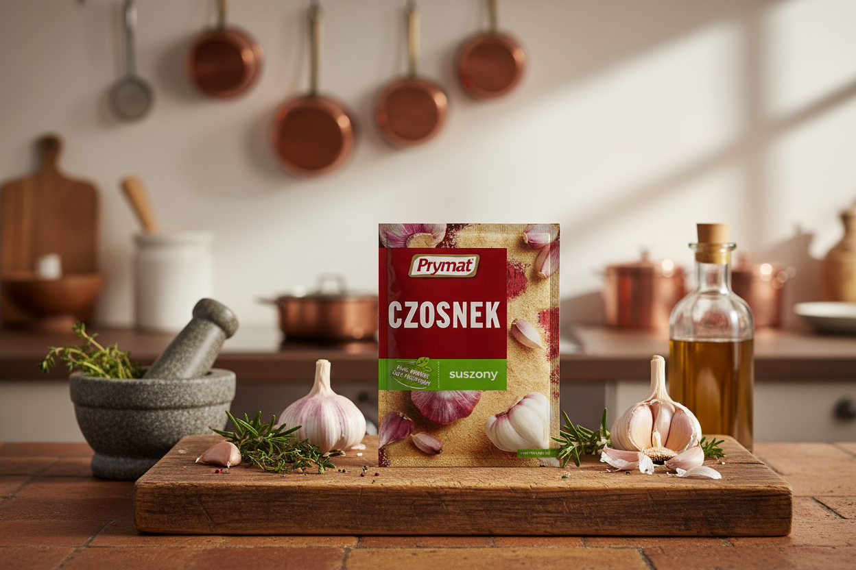 Prymat Dried Garlic on rustic cutting board with fresh garlic and herbs