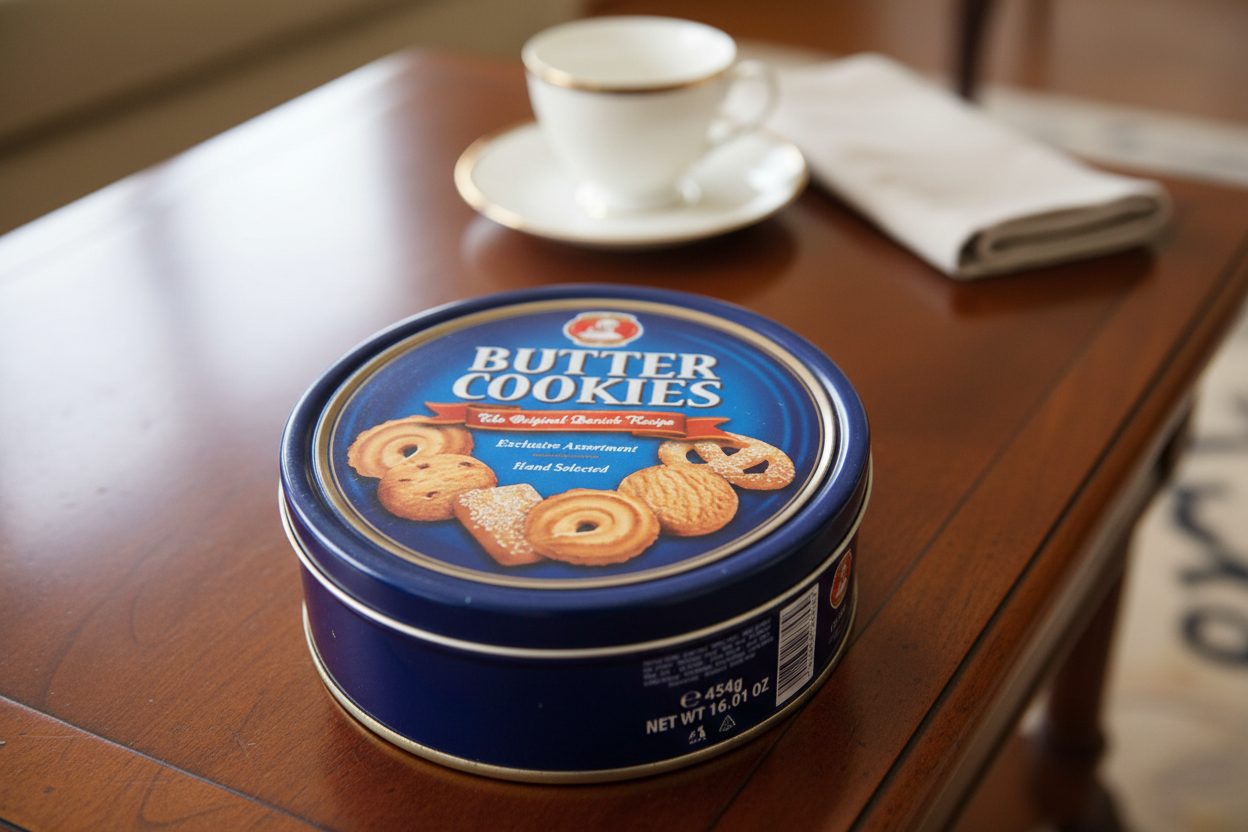 Premium butter cookies tin showing decorative lid top on elegant coffee table