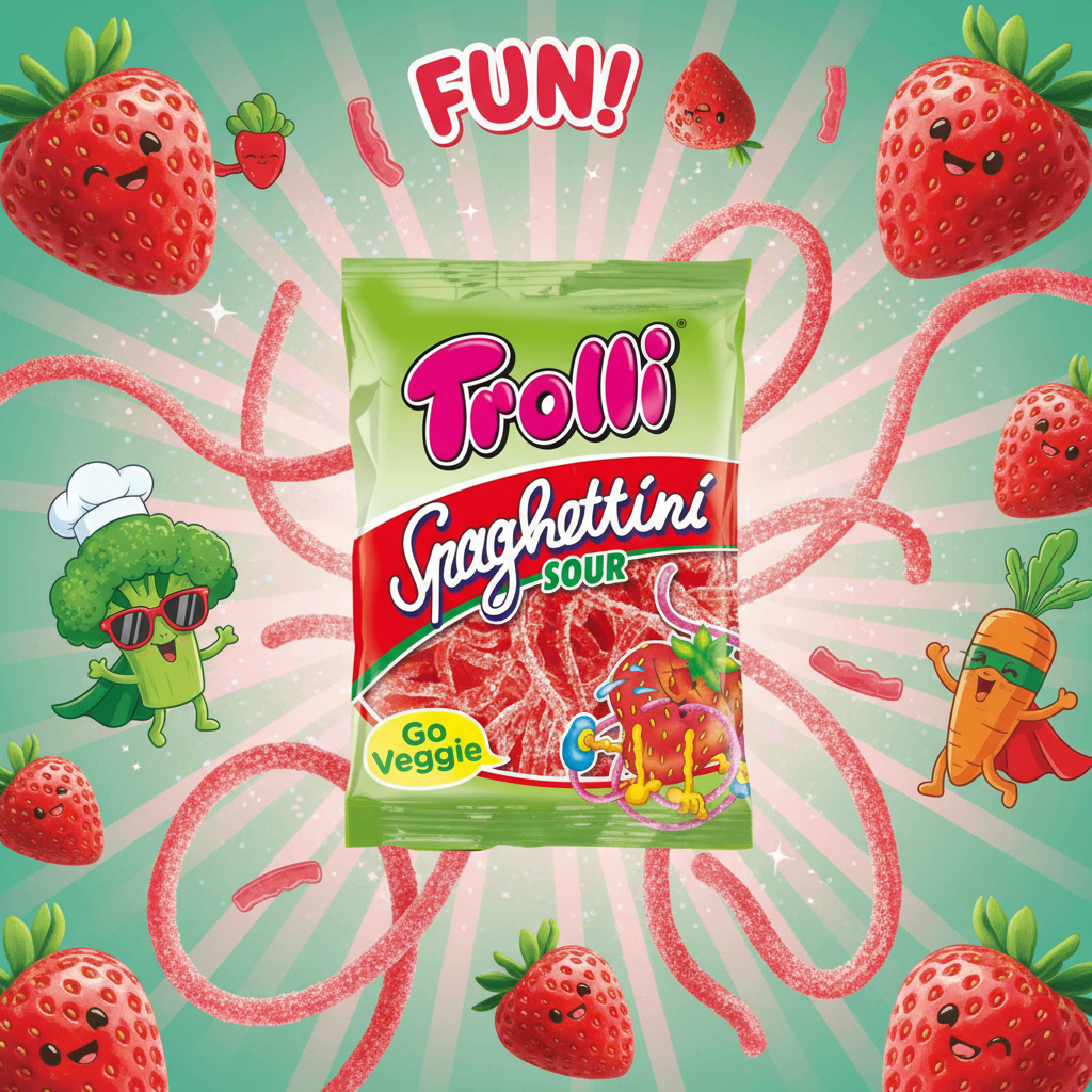Trolli Spaghettini Sour Strawberries with fruity background
