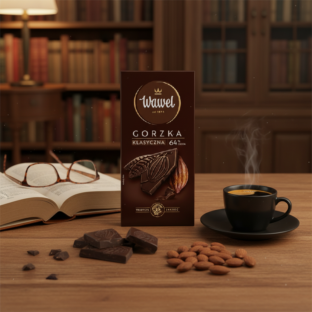 Wawel Gorzka Klasyczna 64% dark chocolate bar in a cozy home library with espresso