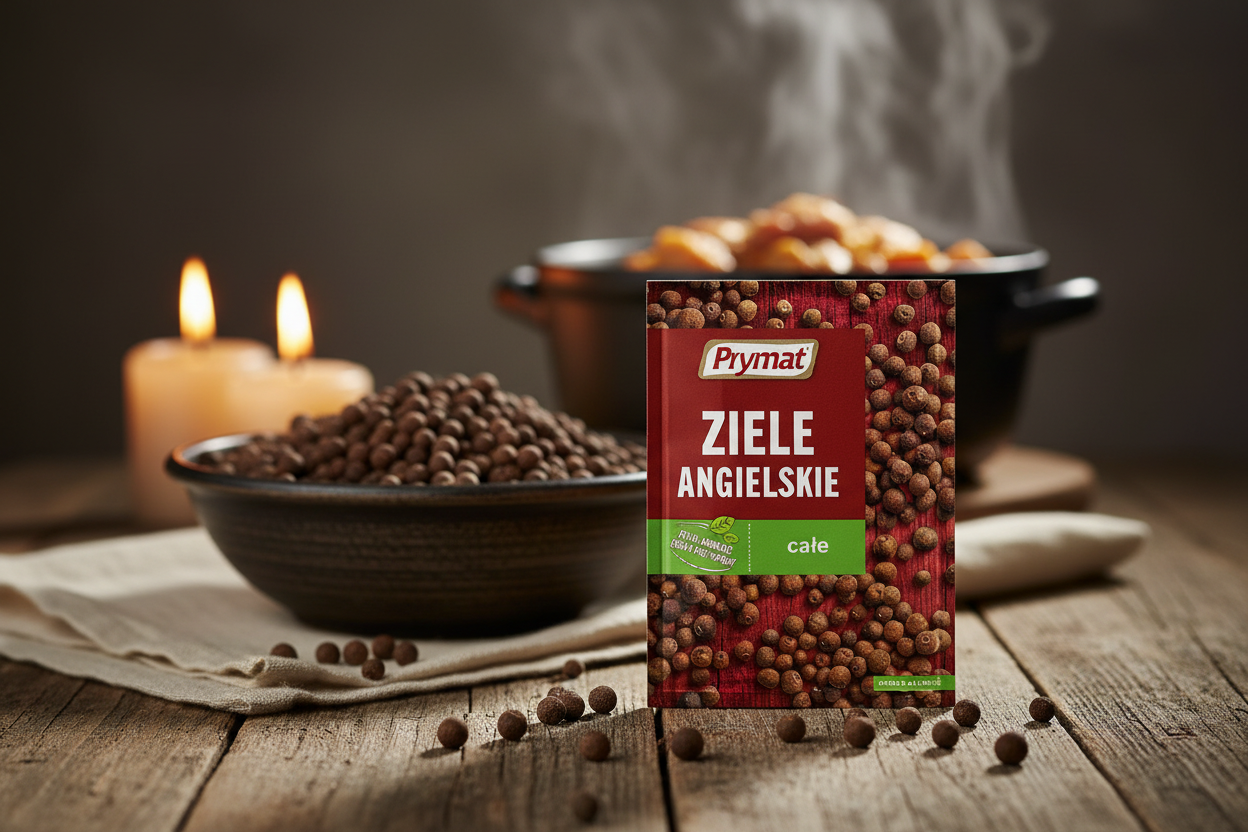 Prymat allspice berries packet on a rustic wooden table with dark ceramic bowl overflowing with whole allspice berries and scattered berries on wooden surface and steaming pot of rich Polish bigos in the background