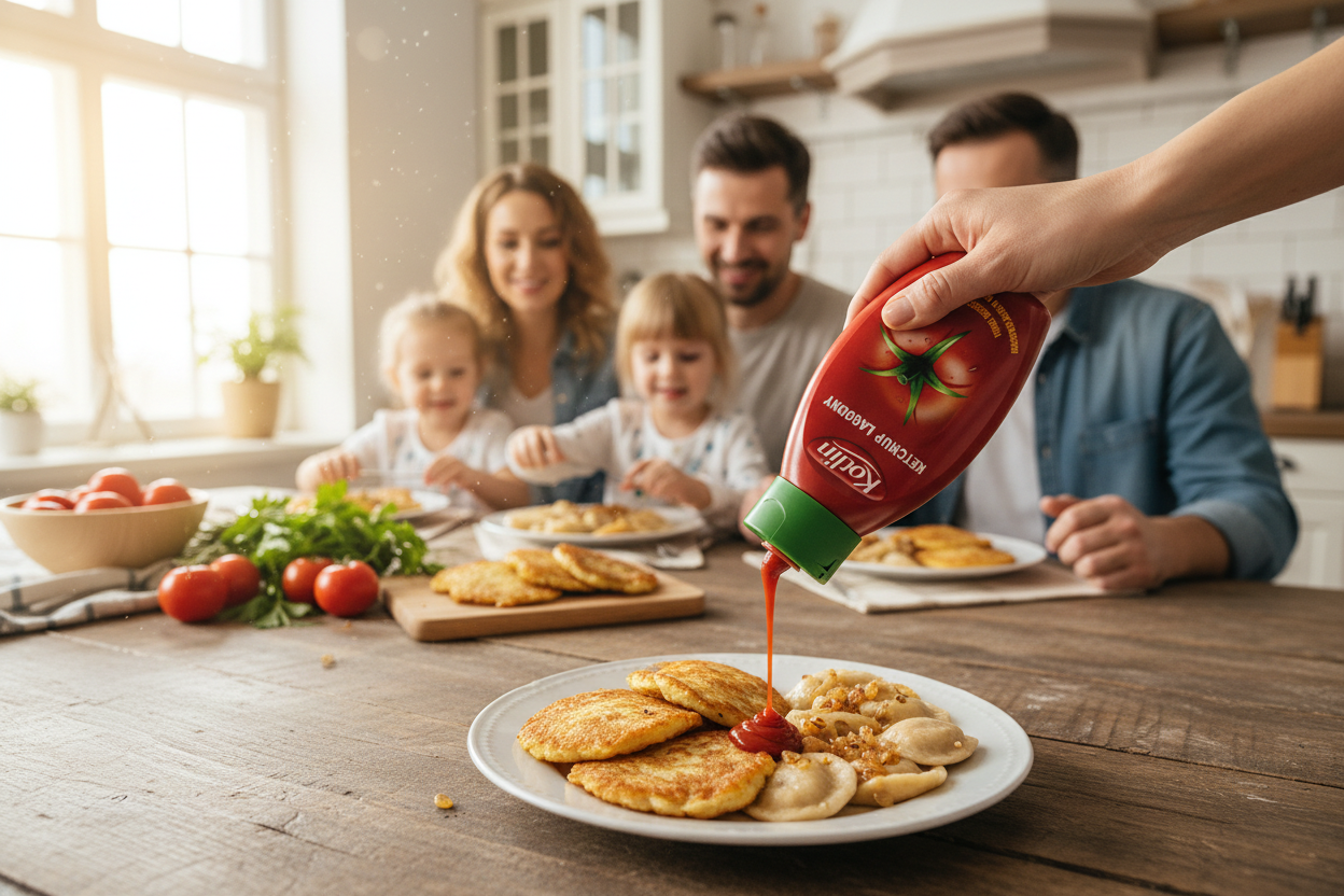 Kotlin mild ketchup on a family kitchen table with pierogi and potato pancakes