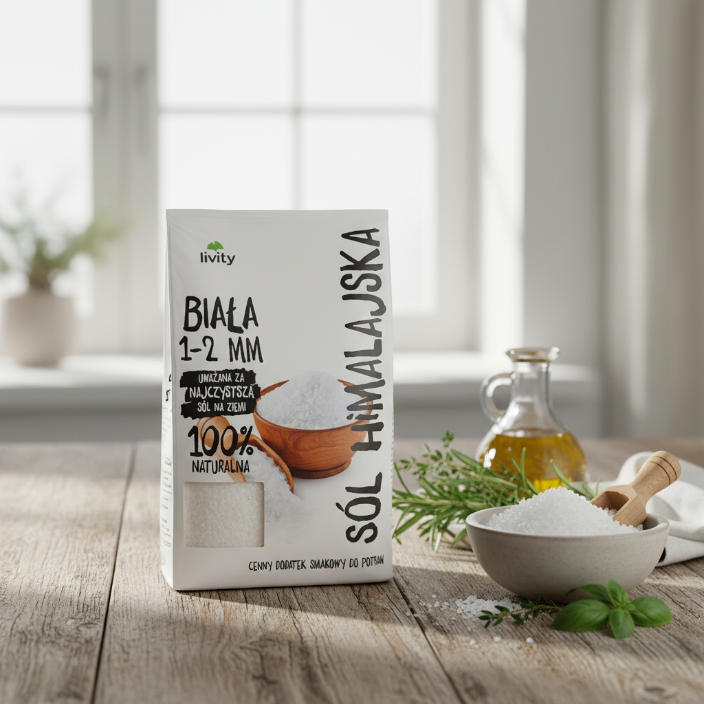 Livity White Himalayan Salt in a wooden bowl lifestyle shot