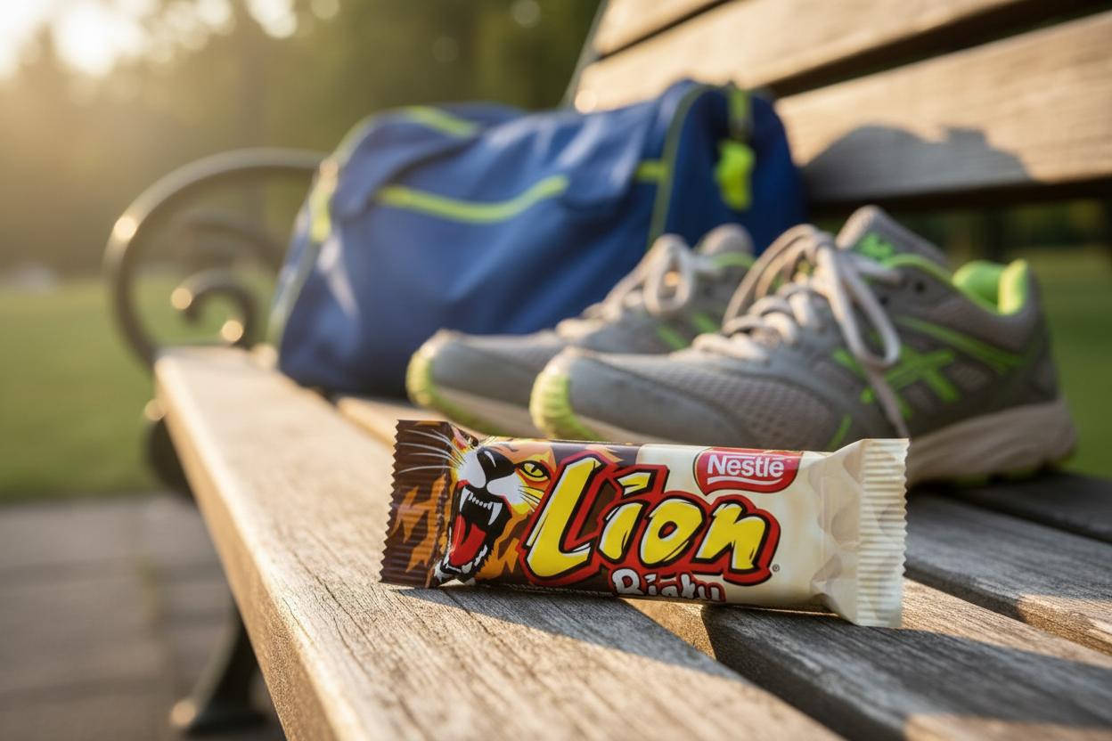 Lion White chocolate bar in outdoor park setting