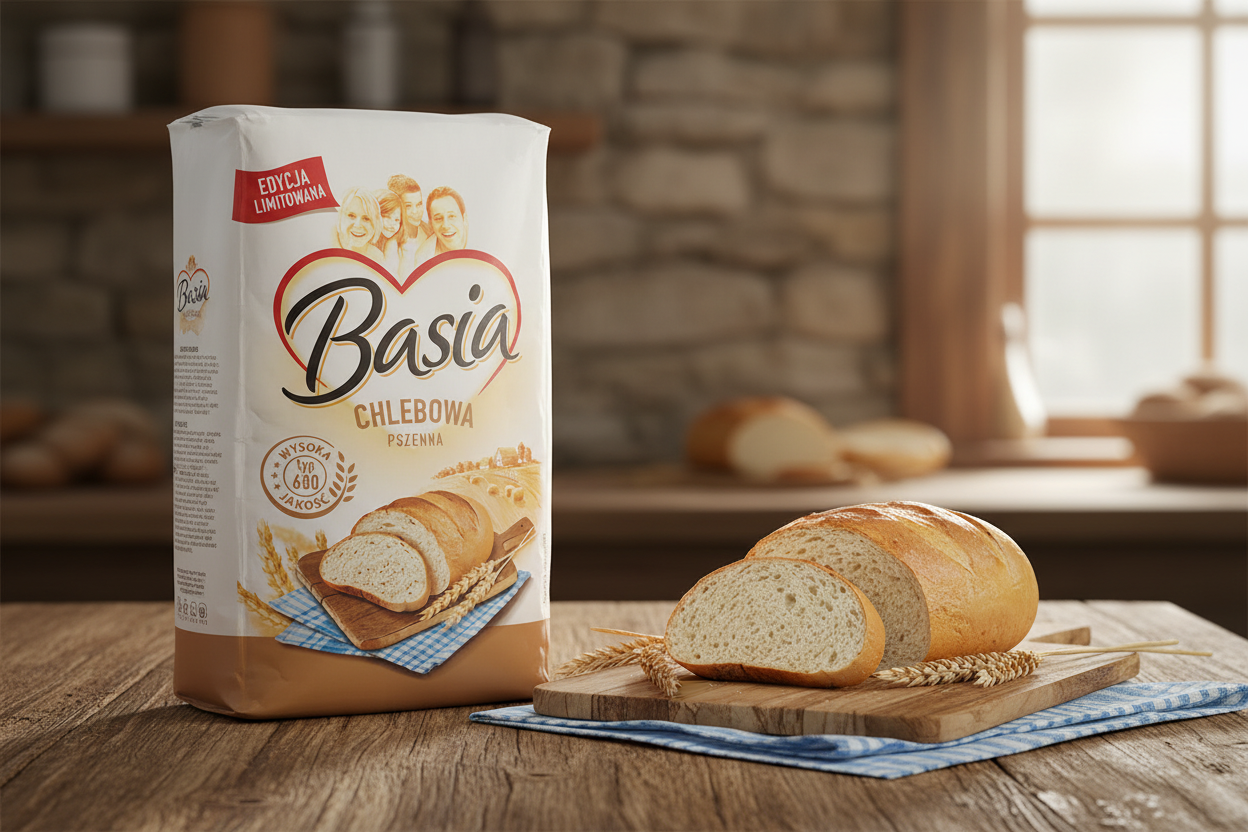 Basia Chlebowa bread flour bag on a farmhouse table with a freshly baked golden Polish white loaf sliced on a wooden board