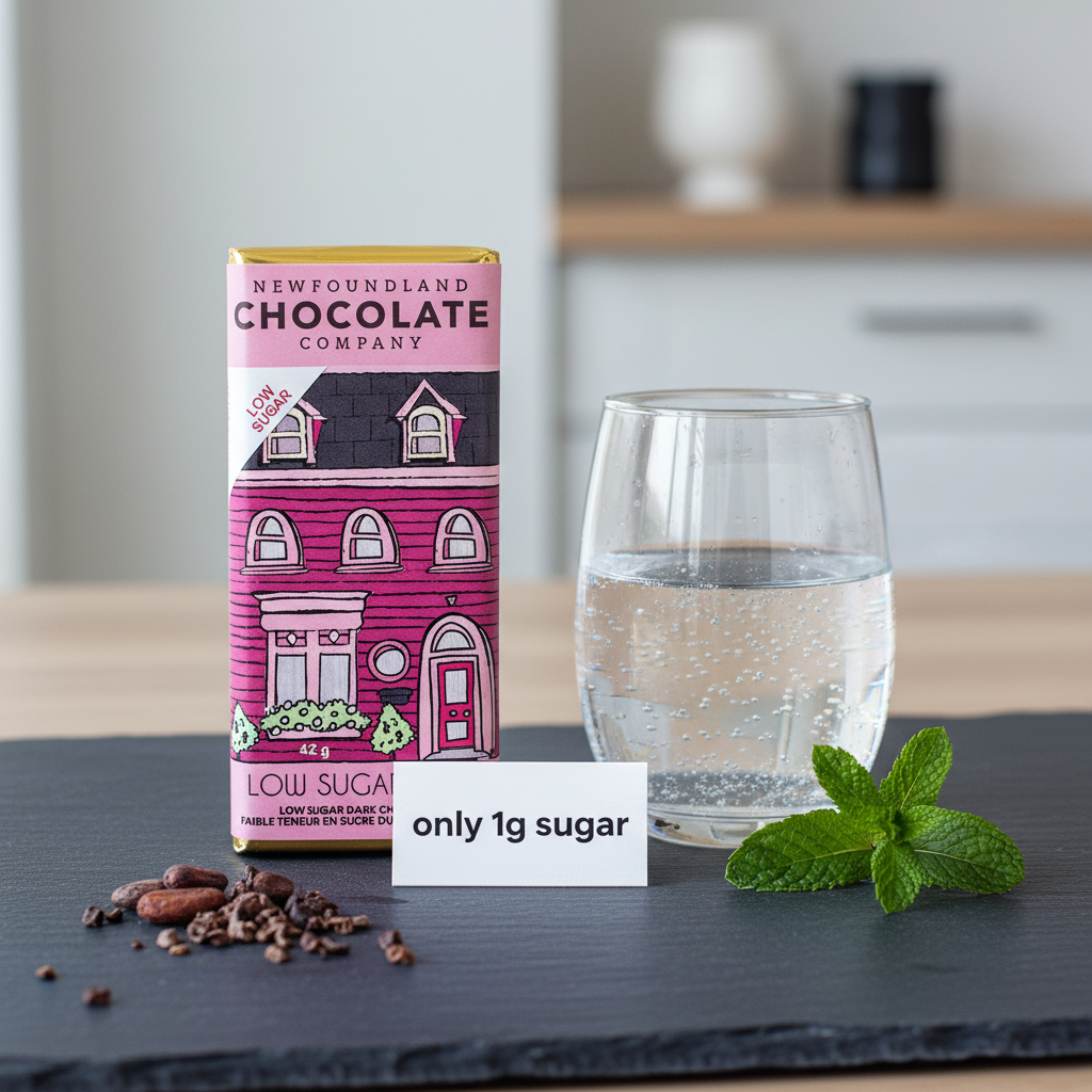 Newfoundland Chocolate Company Low Sugar Dark – minimalist lifestyle scene